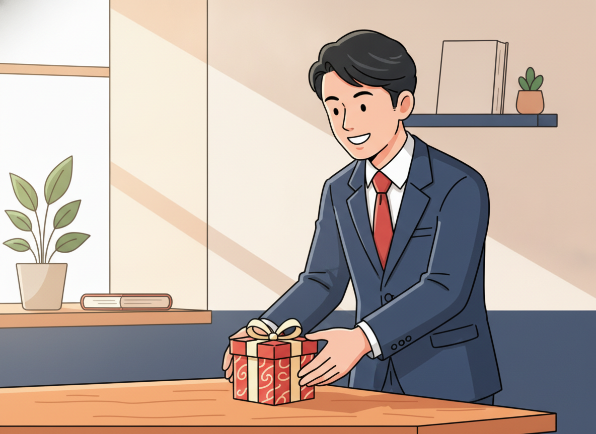a person placing a small gift on a wooden table in soft morning light