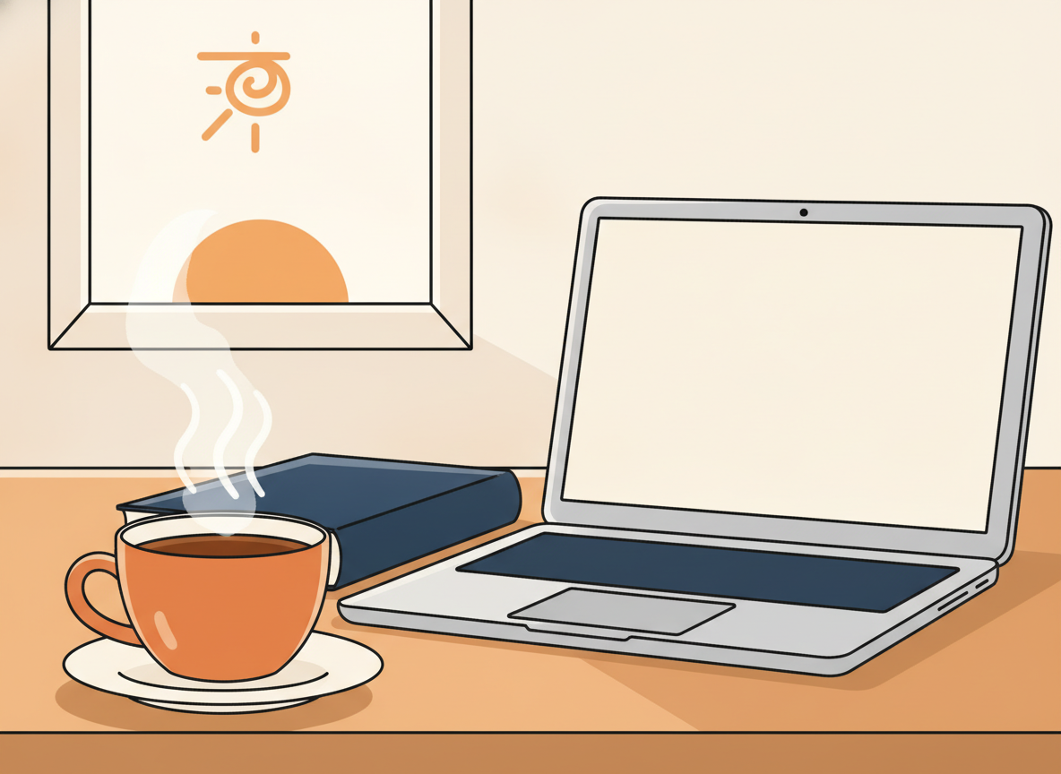 a warm coffee cup on a desk next to a laptop, early morning atmosphere
