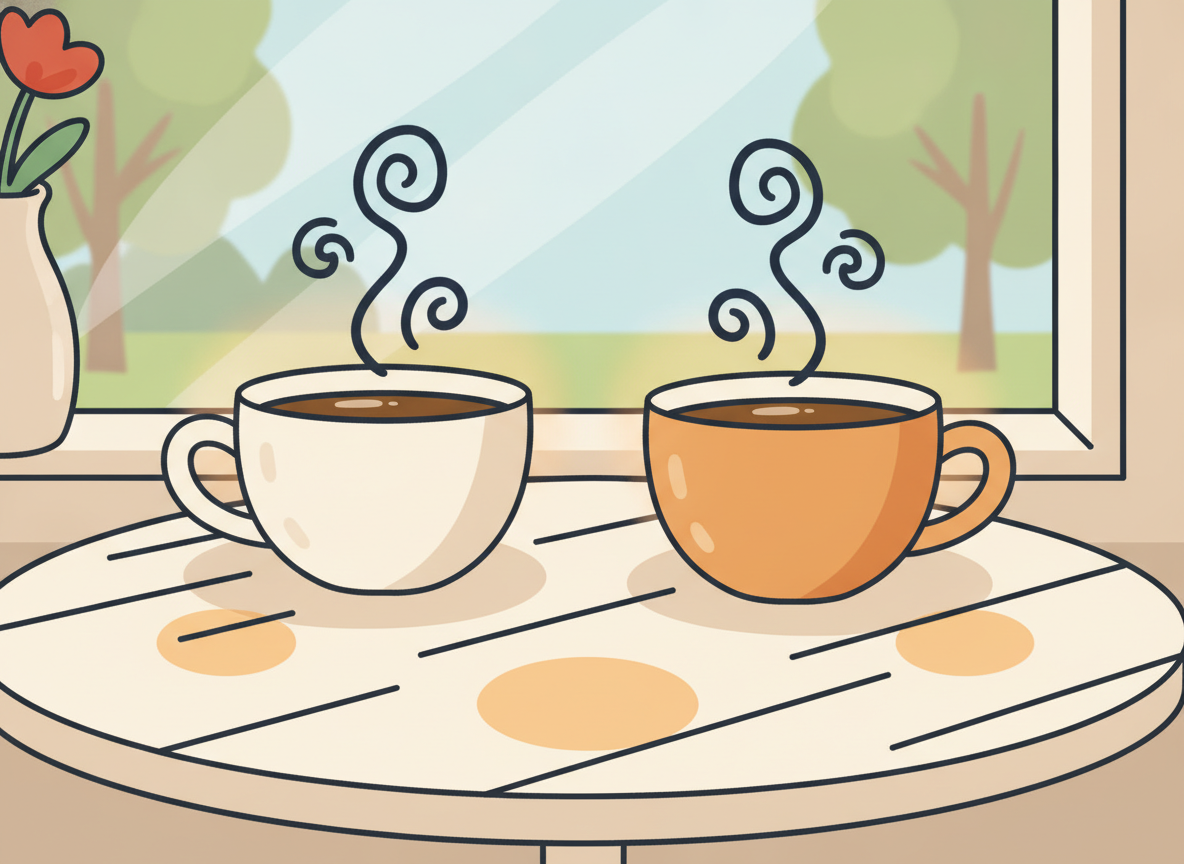 two coffee cups side by side on a sunny table, representing a casual one-on-one conversation