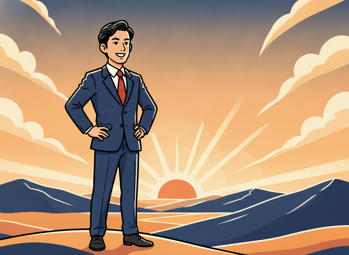 a person standing confidently on a hilltop at sunrise, looking at a wide horizon