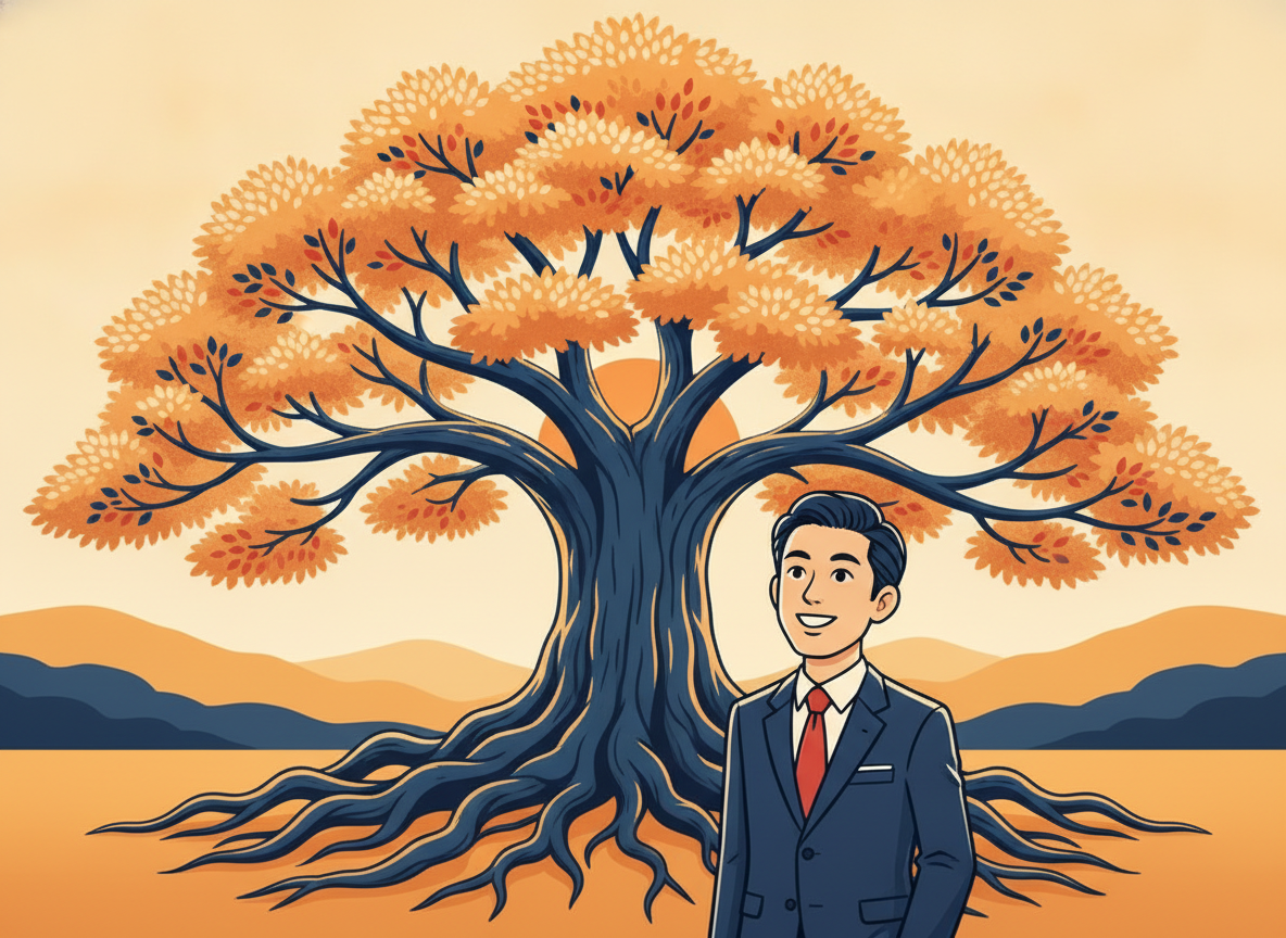 a large tree with deep roots and spreading branches in golden light