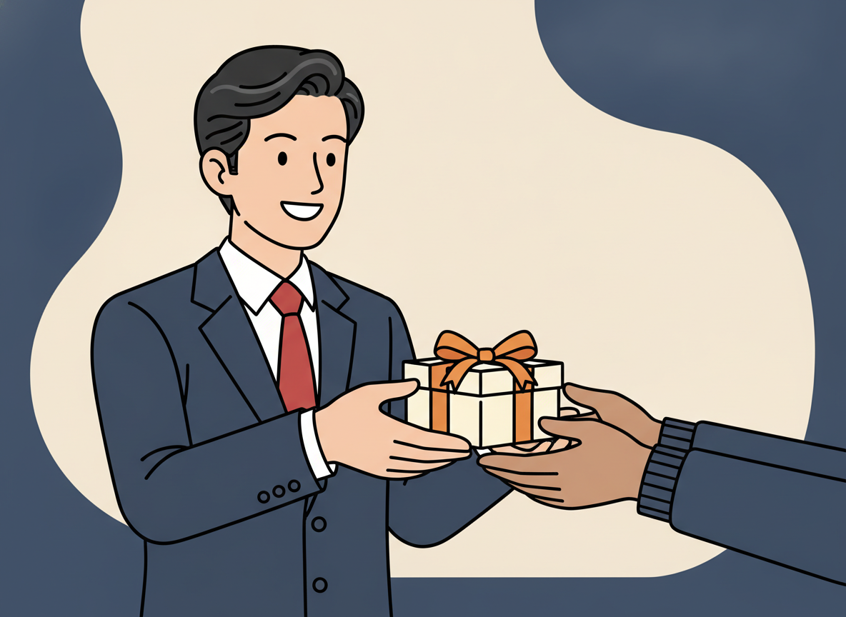 hands passing a small wrapped gift between two people
