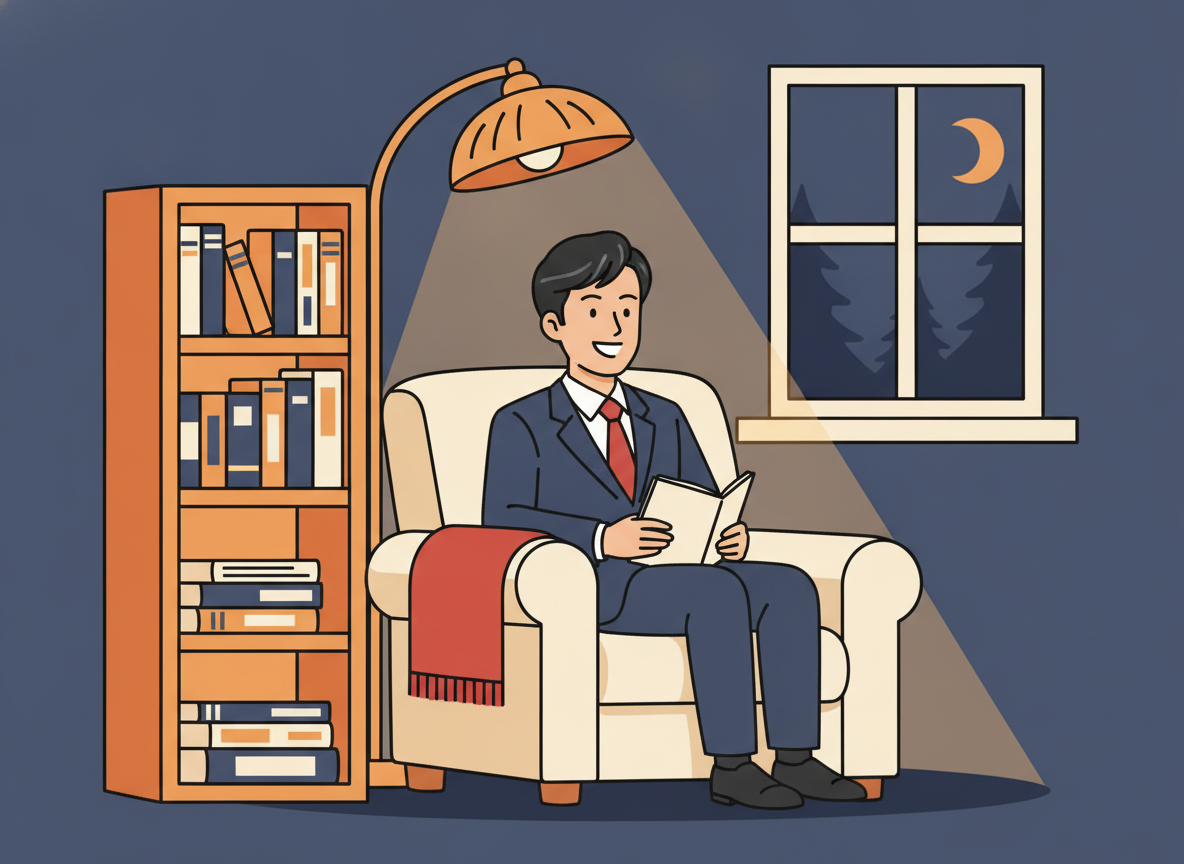 a cozy reading nook with warm lamplight and a wooden shelf