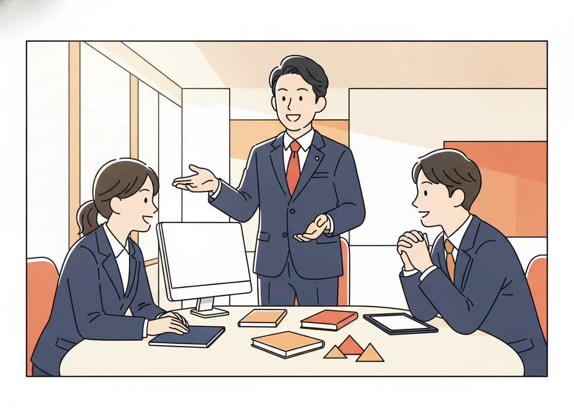 a small group of people in a bright modern room, engaged in focused discussion