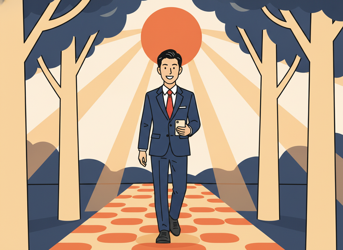 a person walking confidently along a sunlit path through trees