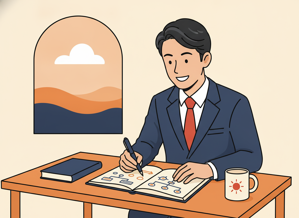 ひとり社長がノートに「紹介営業設計図」を書いているイメージ・温かみのある作業風景