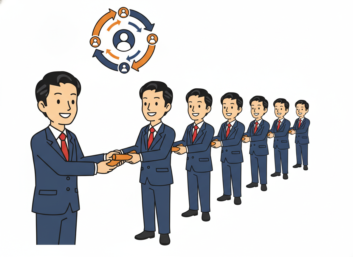 「リファラル営業とは」と書かれた図解・人から人へバトンが渡るイラスト