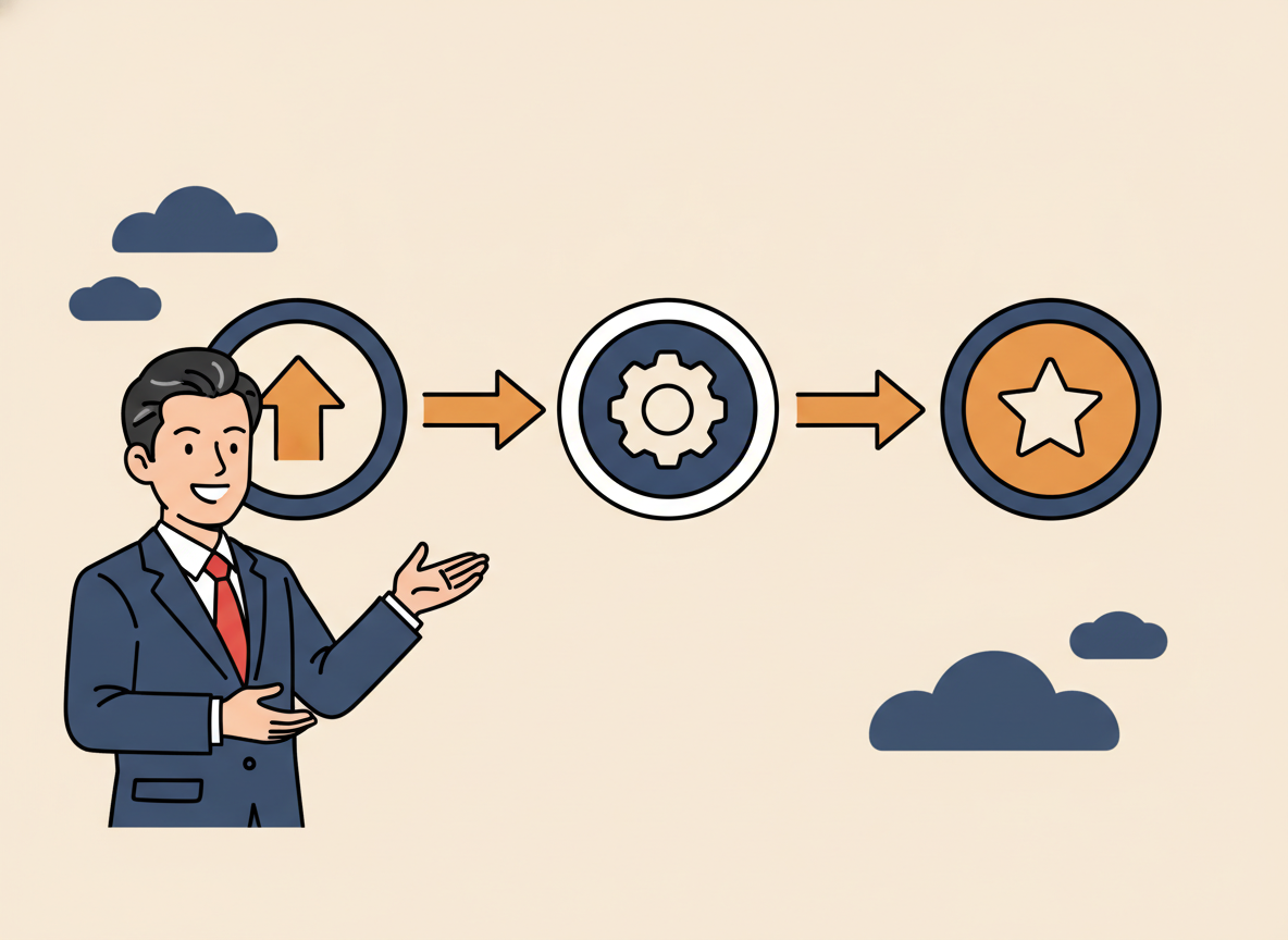 3ステップのロードマップ図・STEP1からSTEP3まで矢印でつながるイラスト
