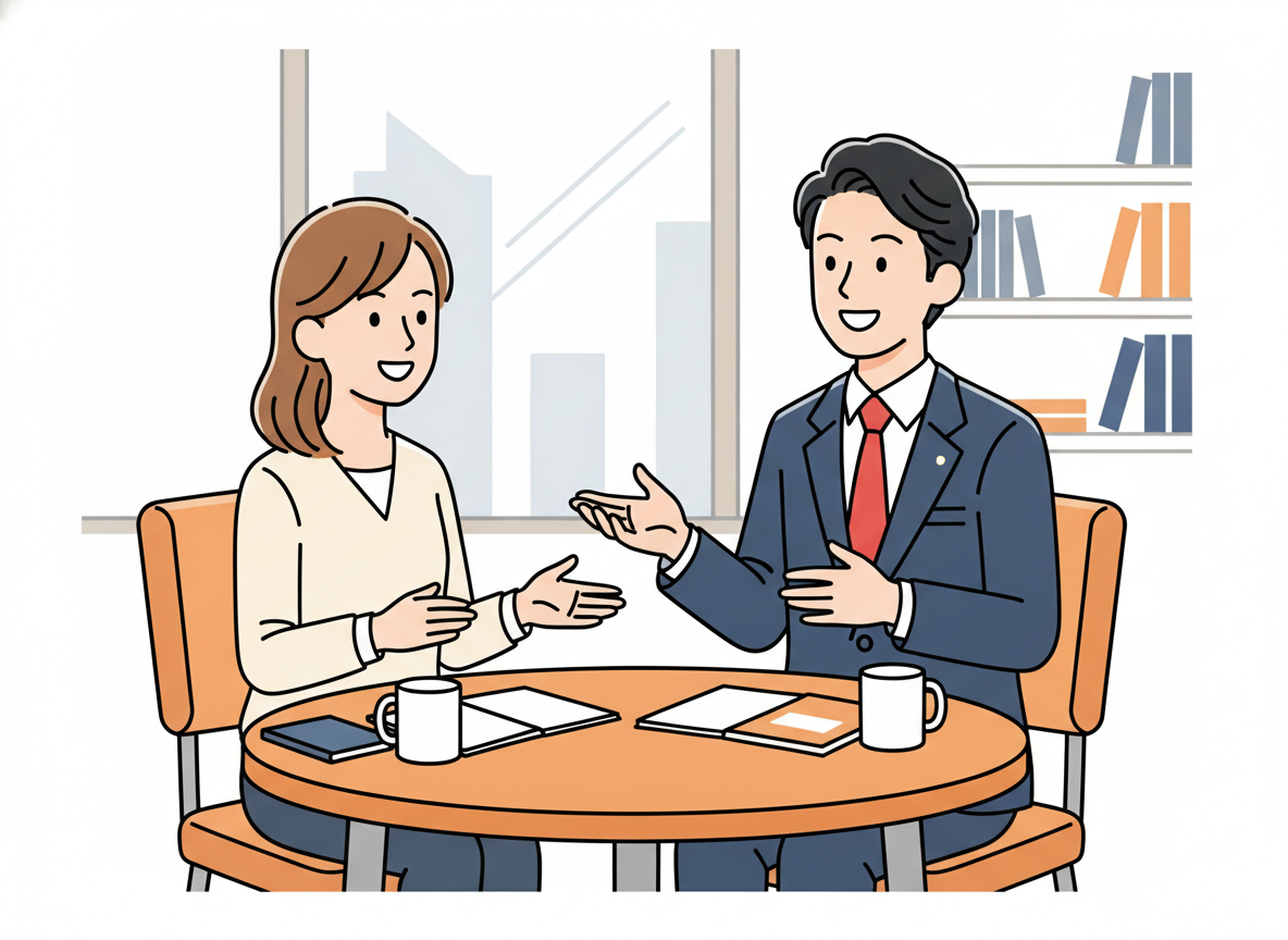 コーチングセッションのイメージ・明るいオフィスで対話しているシーン