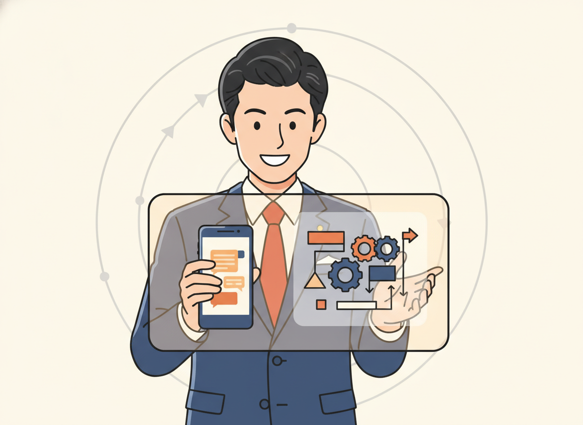スマホとAIチャット画面・ビジネス設計図を一緒に見ているイメージ