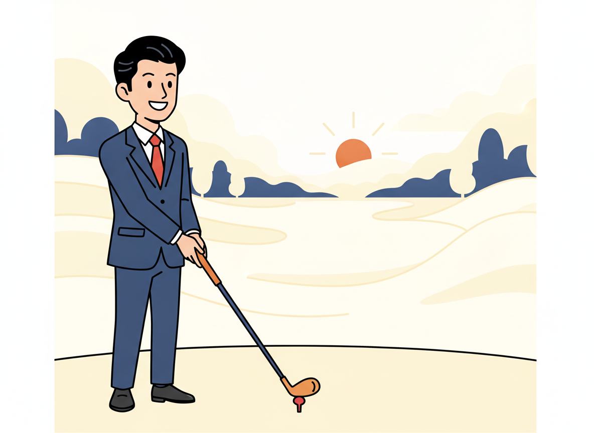 a businessman standing at a golf tee at dawn, misty fairway stretching ahead