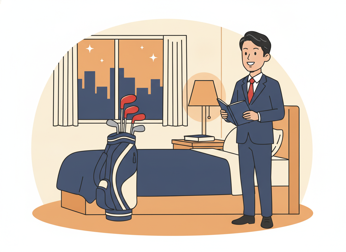 a calm hotel room at night, a golf bag leaning against the wall, soft lamp light