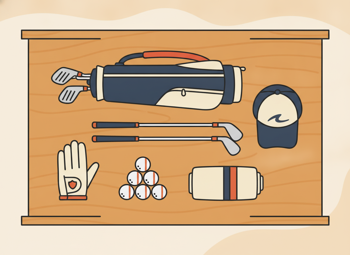 golf equipment laid out neatly on a wooden table, top view, clean natural light