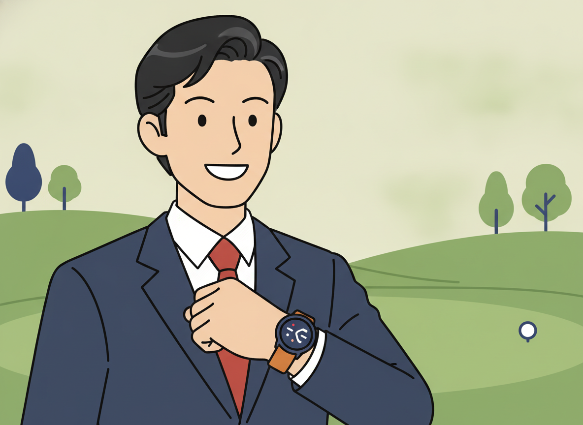 a modern smartwatch on a wrist, golf course green in soft focus behind