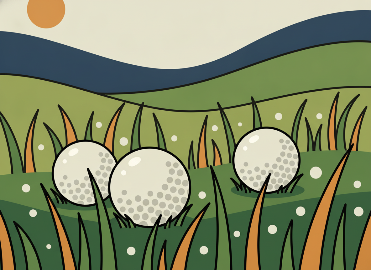 several white golf balls on green grass, morning dew, shallow depth of field