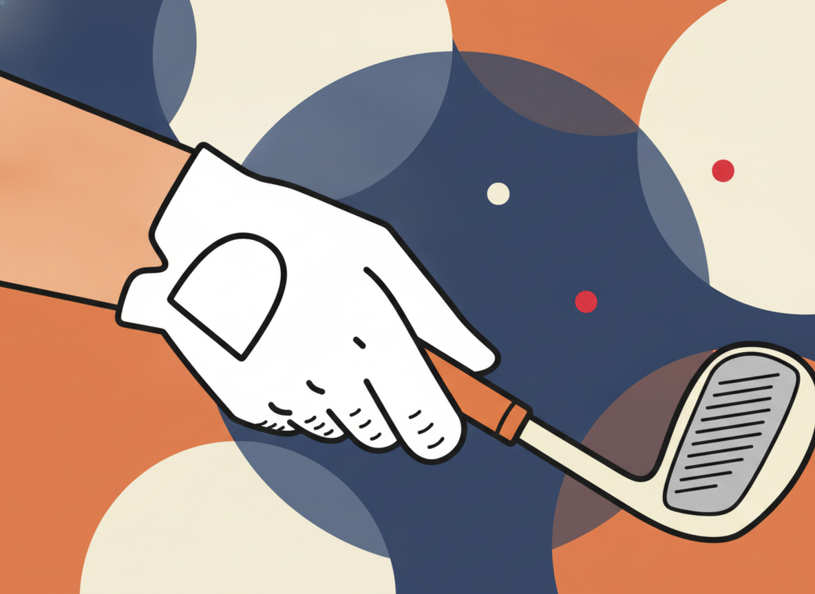 a close-up of a hand wearing a white golf glove, gripping a club, bokeh background