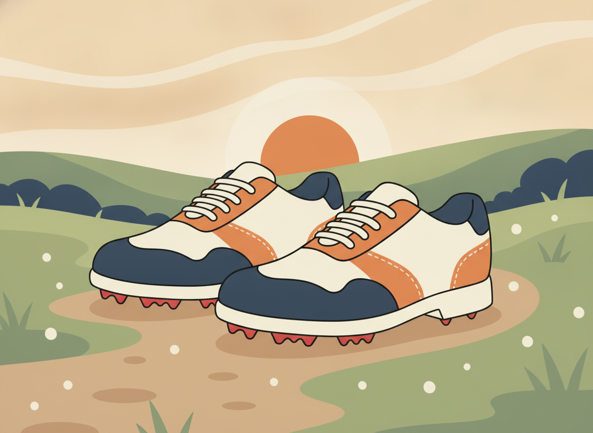 a pair of clean golf shoes on a grassy path, early morning light, no text