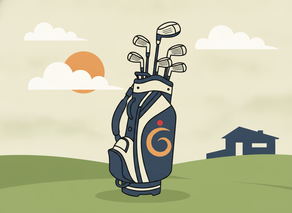 a stylish golf bag standing upright on a golf course, no logos visible, muted colors