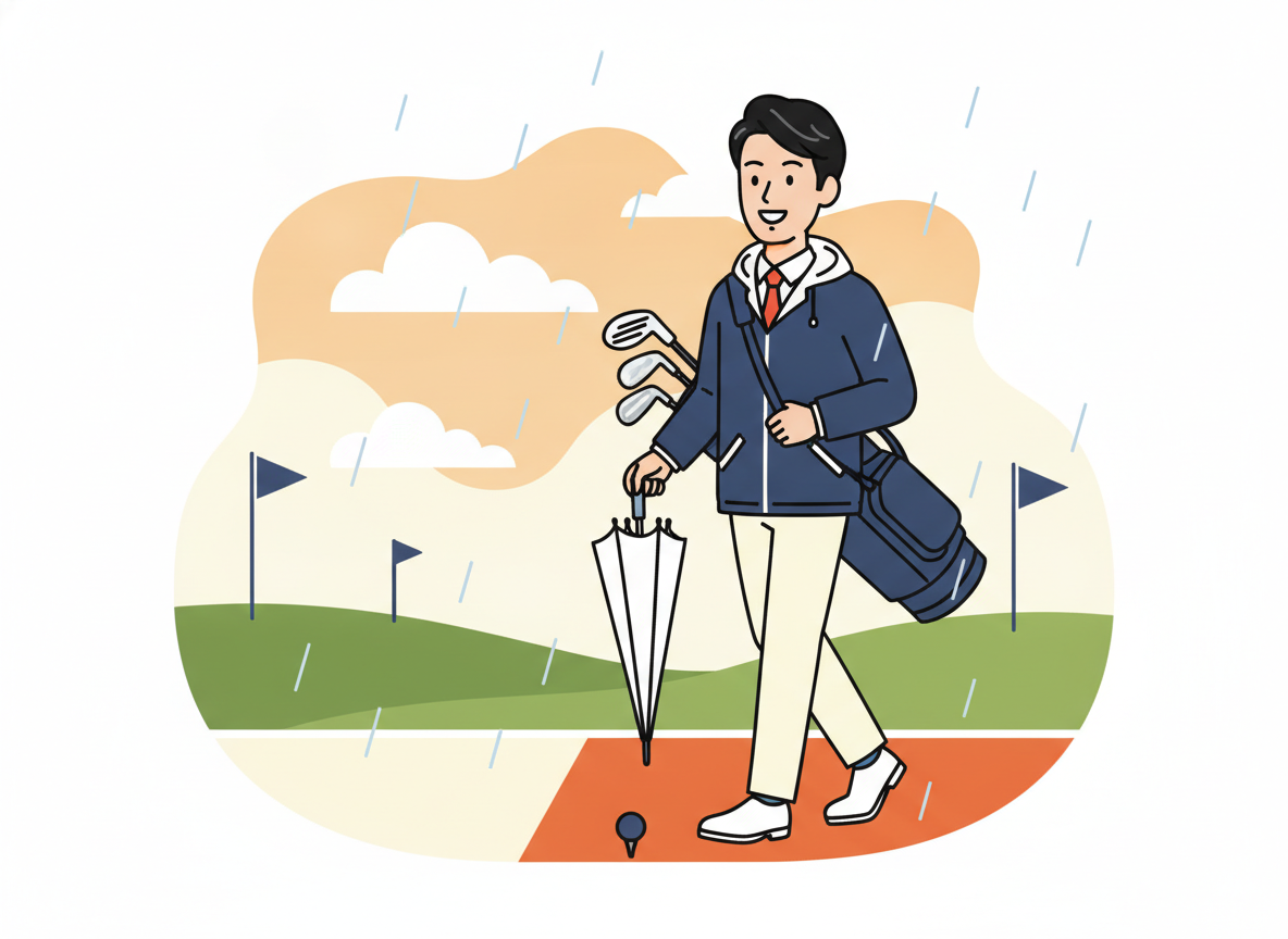a person in light rain on a golf course, wearing a jacket, calm expression