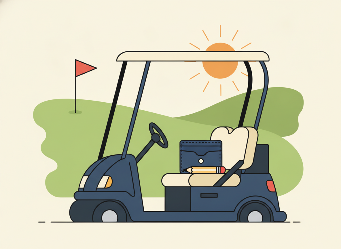 a leather cardholder and a small pencil on a golf cart, minimalist style