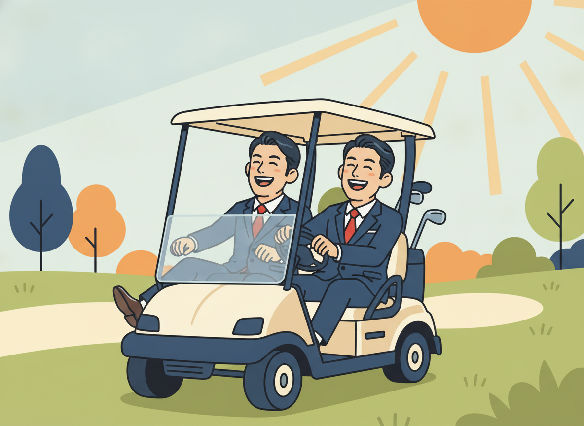 two businessmen laughing on a golf cart, relaxed atmosphere, sunlit fairway
