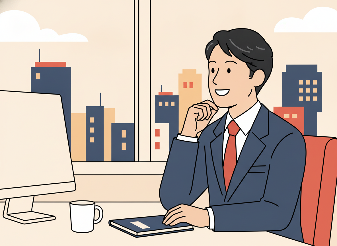 a person at a desk looking out a window thoughtfully, abstract cityscape, no text