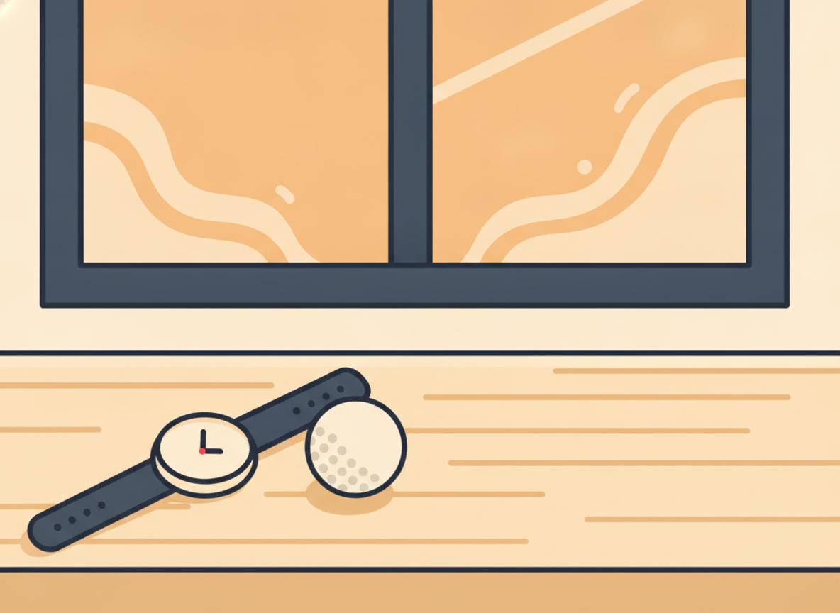 a wooden desk in morning light, a watch and a golf ball placed neatly, minimalist