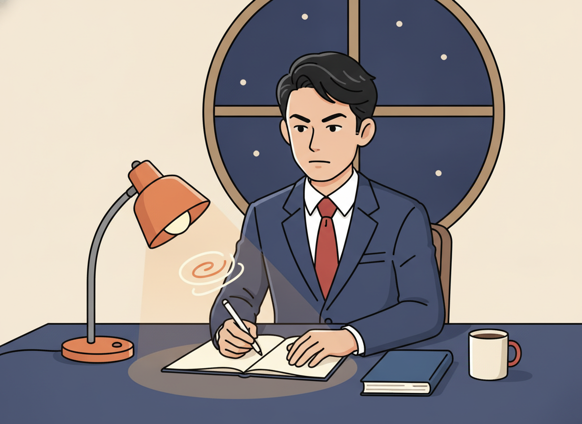 a person writing at a desk late at night, warm light, focused expression, no text visible