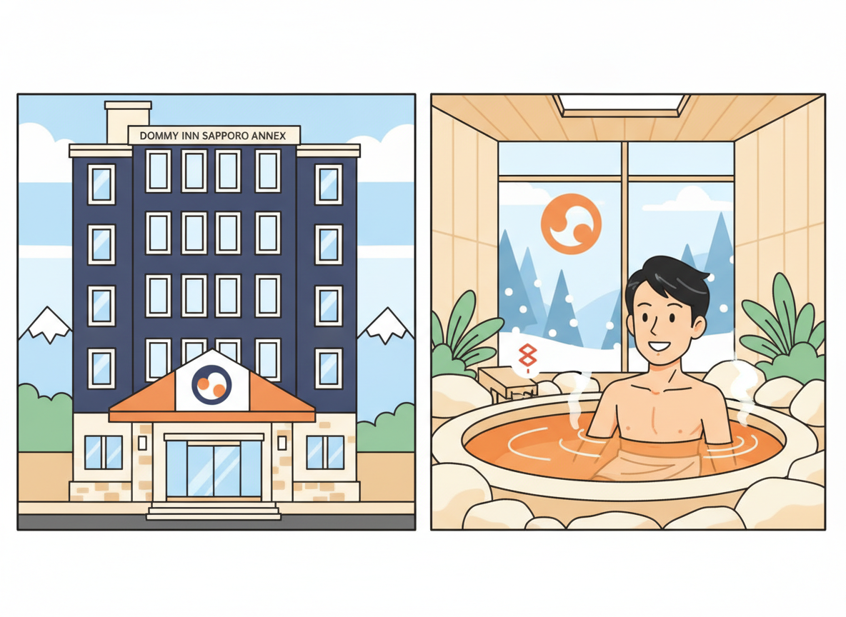 ドーミーイン札幌ANNEXの外観と大浴場イメージ