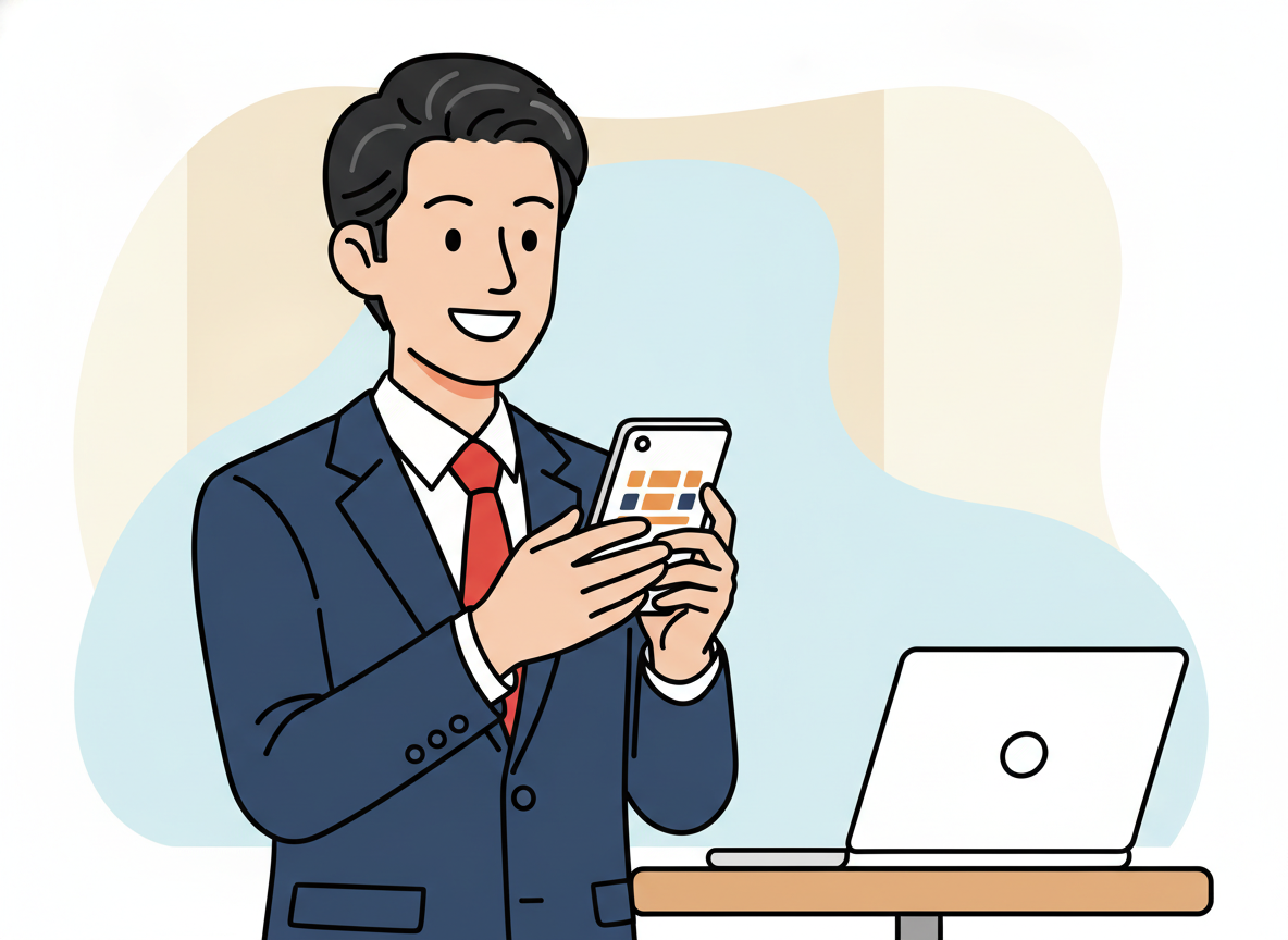 スマートフォンでホテル予約画面を確認している経営者イメージ