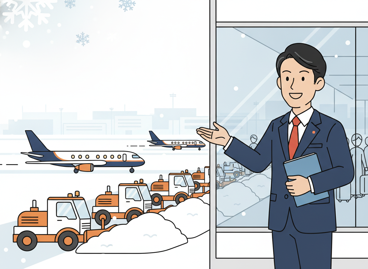 冬の新千歳空港と除雪作業のイメージ