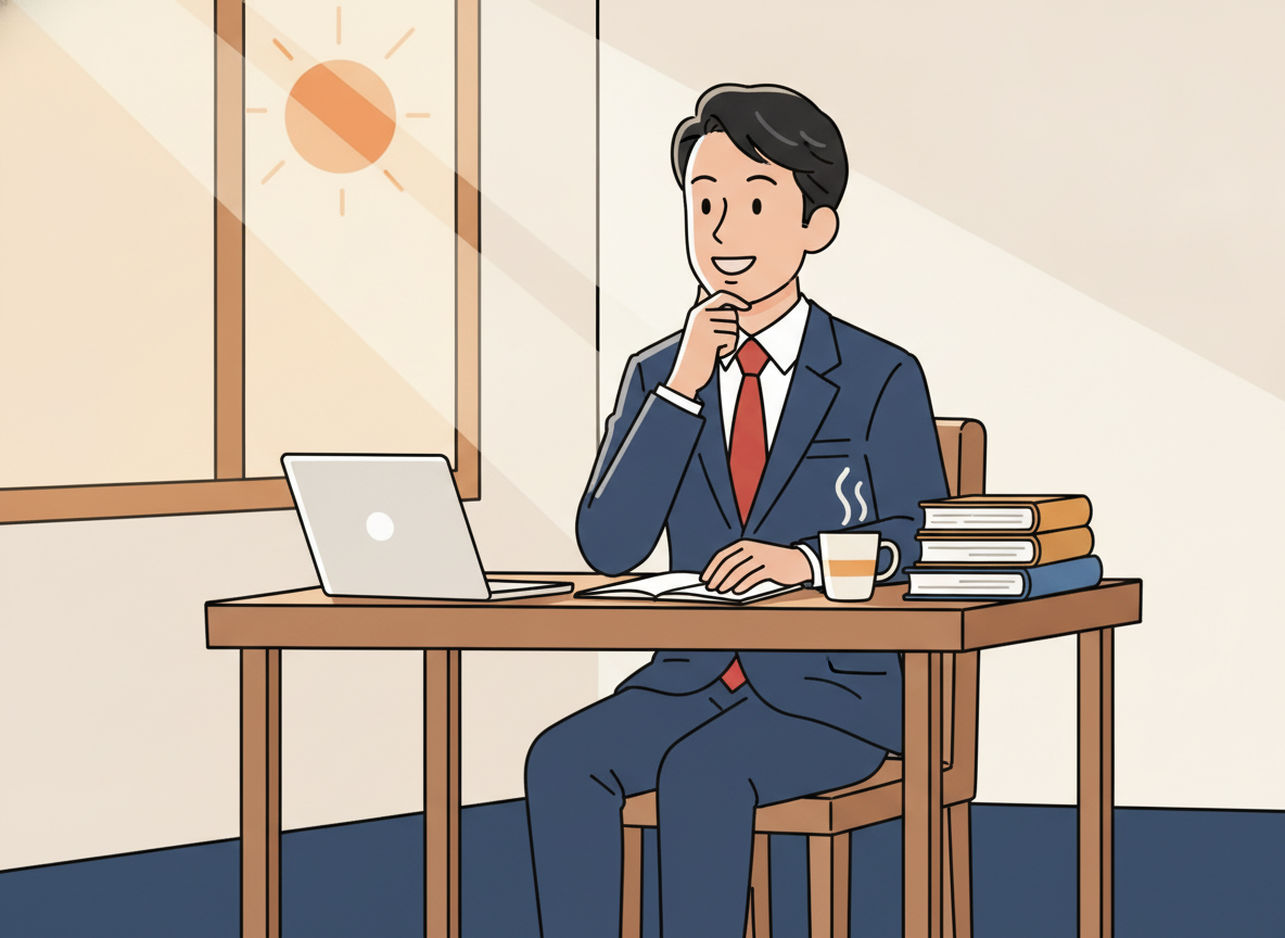 a person sitting at a wooden desk in morning light, looking thoughtful