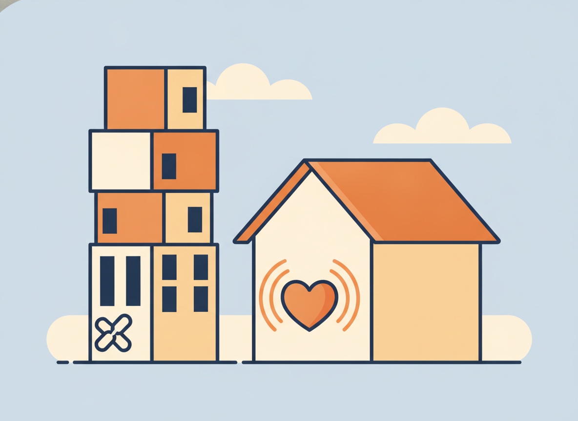 abstract illustration of two buildings, one rented one owned, warm colors