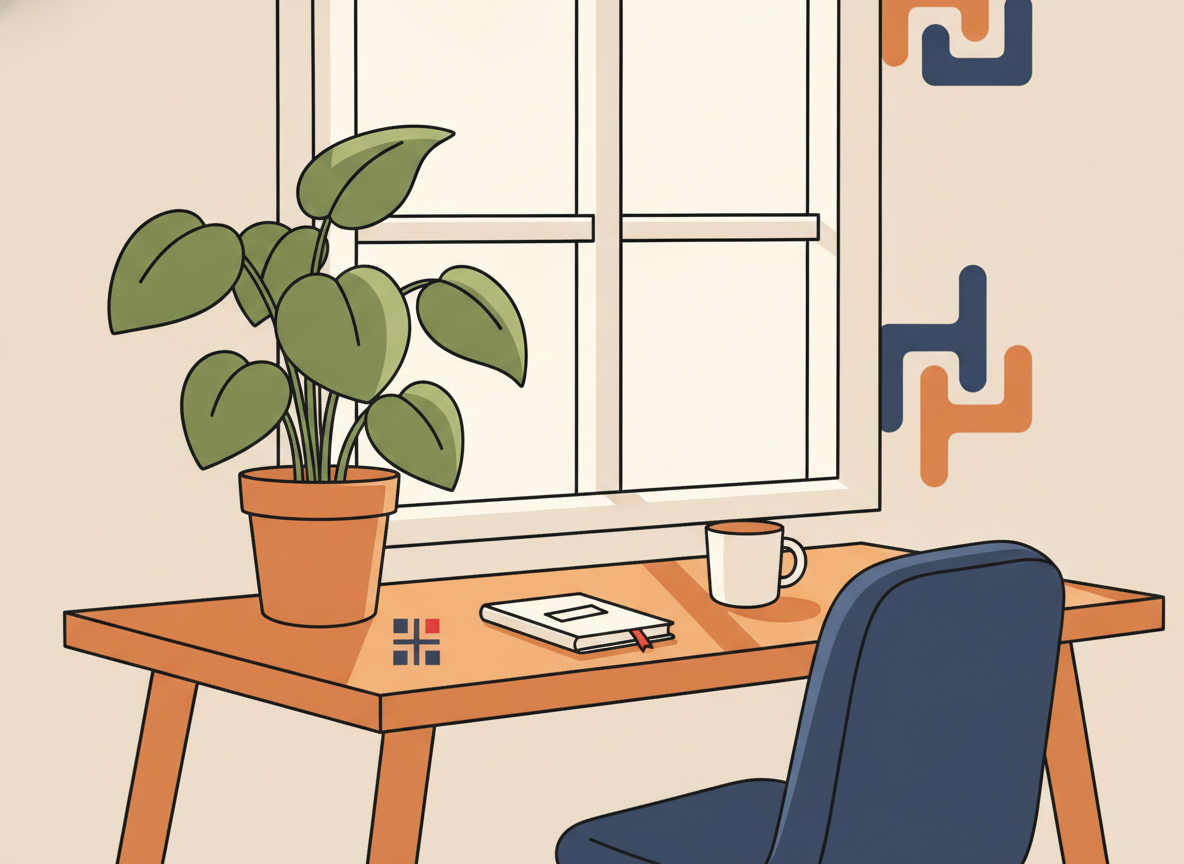 a calm workspace with a plant and soft window light, no screens