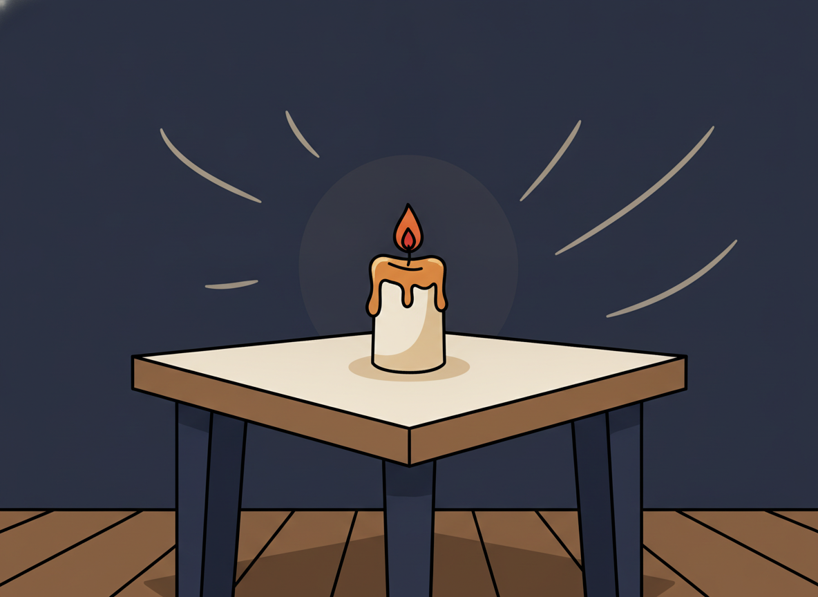 a single candle on a wooden table in a dark room, quiet atmosphere