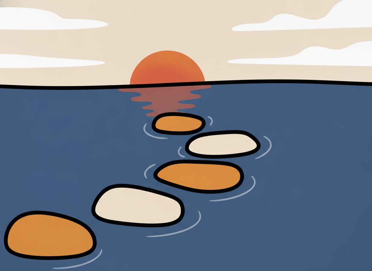 five stepping stones crossing a calm stream, simple abstract