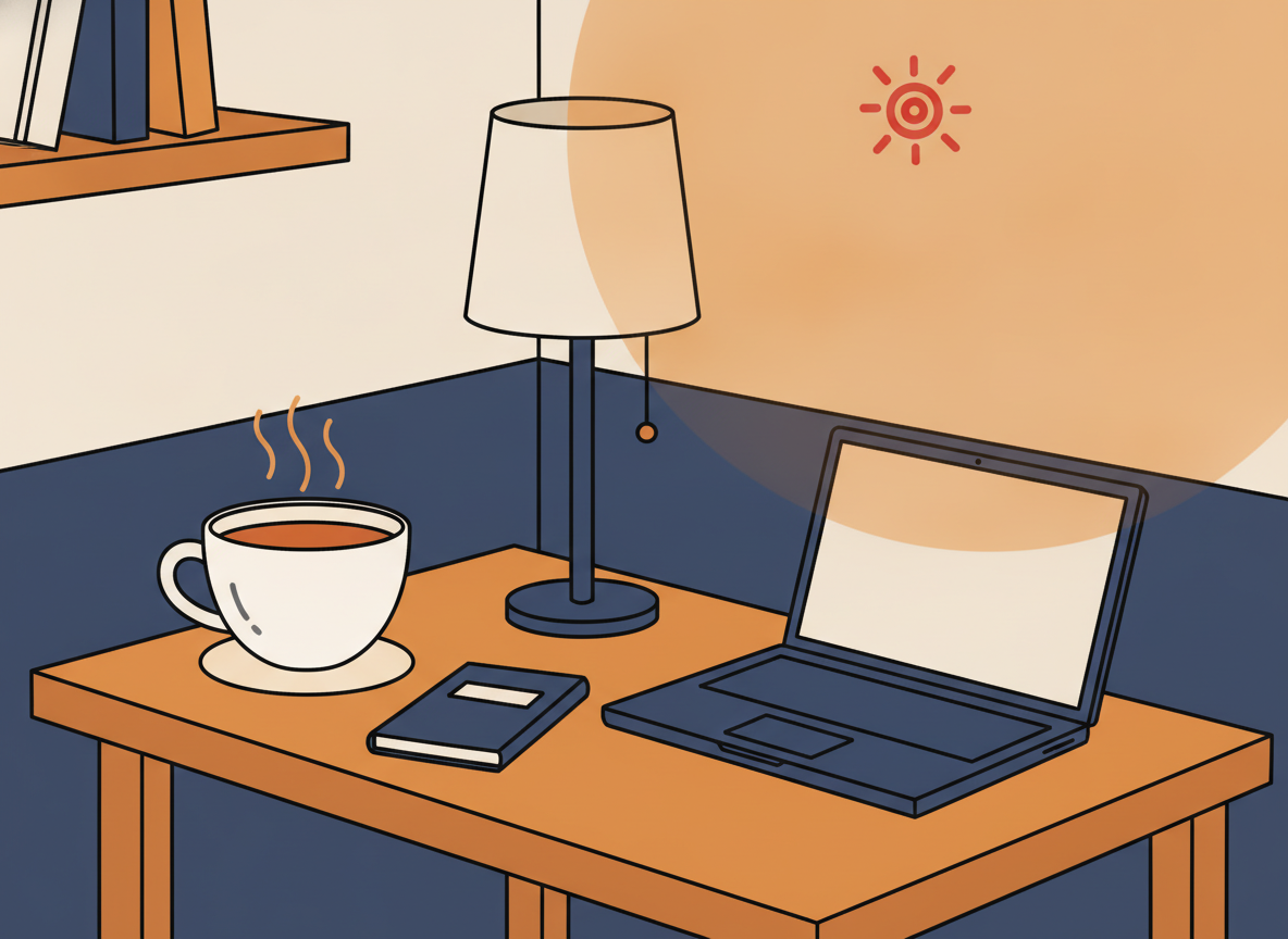 a tidy wooden desk corner with a coffee cup and warm ambient light